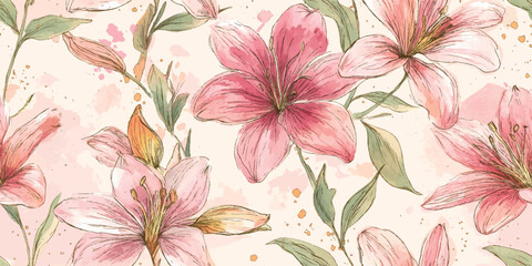 Elegant Watercolor Pink Lilies Seamless Pattern. Soft Vintage Floral Bloom Repeat Background for Wedding Stationery, Fabric, and Decor