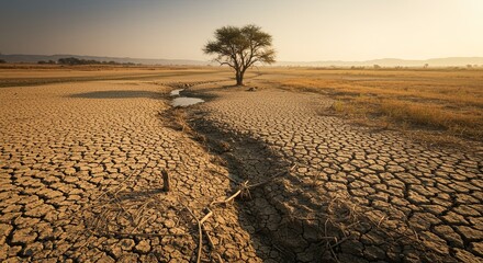 A dry, barren landscape with a tree in the middle