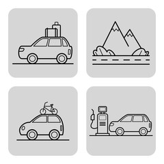Collection of line icons representing travel activities. Cars with luggage, bicycle, mountains, and gas station. Perfect for adventure-themed designs