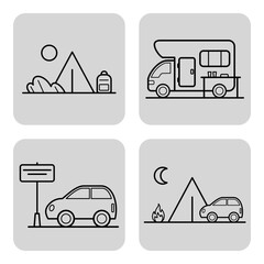 Set of various line icons illustrating camping activities. Tent, camper van, car, and camping sign, all depicted in simple and clear style