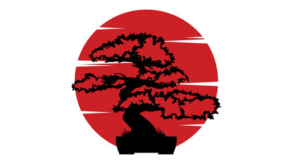 A stylized depiction of a bonsai tree against a large red sun, evoking a serene Lunar New Year theme with Japanese art influences.