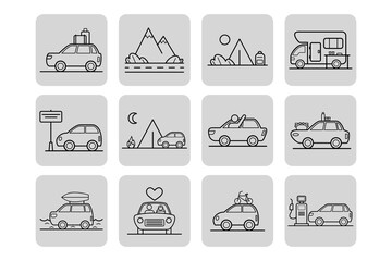 Collection of various line icons representing leisure activities, camping gear, vehicles, and scenic landscapes. Road trips and outdoor exploration concept