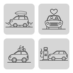 Collection of line icons depicting diverse car-related activities. Cars near beach, couples in love, bike on vehicle, and refueling station