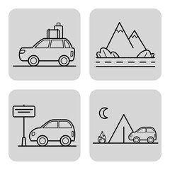 Collection of line icons with activities related to road trips and camping, including car with luggage, mountains, campsite, and car parked near tent with fire at night
