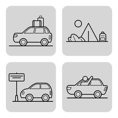 Set of four line icons showcasing various aspects of road trip. Car with luggage, camping scene with tent, directional sign, and passengers enjoying ride