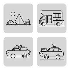 Set of icons depicting various outdoor adventures including camping, traveling in an RV, and road trips. Travel concept