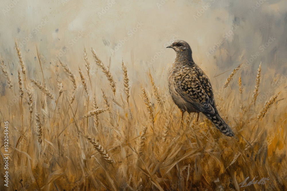 Poster grey partridge standing on the edge of a golden field during early morning light, grey partridge on 