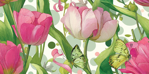 Vibrant Pink Tulips and Butterflies Seamless Pattern. Cheerful Spring Botanical Repeat Background for Textiles, Decor, and Stationery