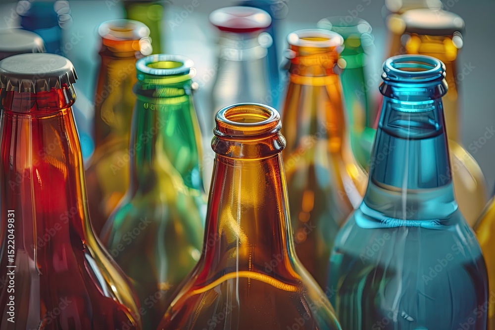 Poster premium quality visual of closeup of multi colored bottles on table
