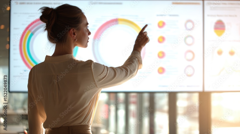 Aufkleber analyzing data presentation: a poised woman in a professional setting presents data insights with fo