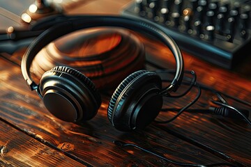 High Definition Image of Music Copyright Law Concept with Headphones and Gavel