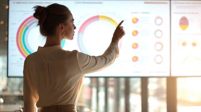Analyzing Data Presentation: A poised woman in a professional setting presents data insights with focused gestures, highlighted by vibrant charts displayed on a contemporary screen.