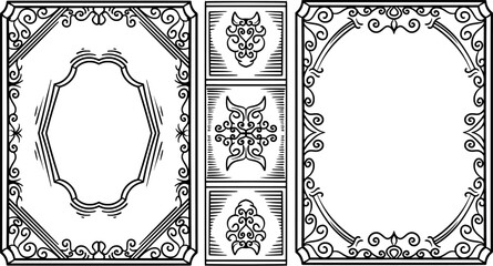 This is a book cover with a black and white vintage engraving style on the front, middle and back of the book.