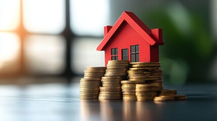 House Model on Stack of Coins Representing Real Estate Investment Property Finance and Wealth Growth