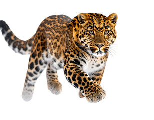 Fototapeta premium Leopard in Action: A majestic leopard with a distinctive spotted coat is captured in a dynamic pose, striding confidently, a symbol of power and grace.