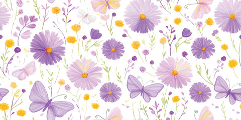 Whimsical Watercolor Butterflies and Wildflowers Seamless Pattern. Pastel Spring Garden Repeat Background for Textiles, Decor, and Stationery