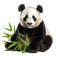 Obraz premium Gentle Giant in Repose: A captivating close-up showcases a majestic panda, its iconic black and white fur creating a striking contrast. The panda rests contentedly, embraced by bamboo leaves.