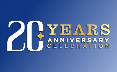 20th anniversary celebration background. with white numbers and gold anniversary on blue background, for greeting cards, events