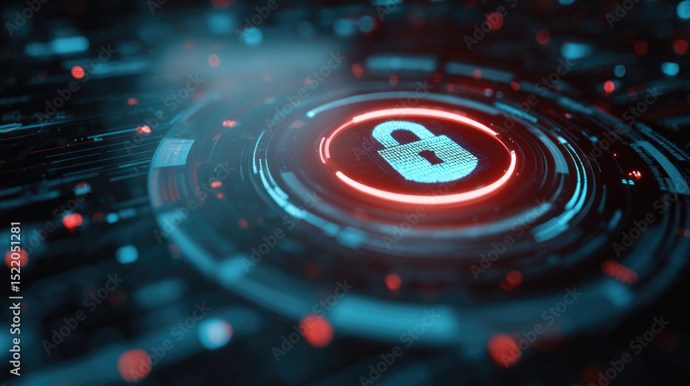 Poster digital fortress: a digital padlock glows, symbolizing cybersecurity, safeguarding data against intr