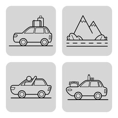 Collection of line icons depicting cars with luggage, scenic mountains, and joyful travelers. Spirit of road trips and adventures in nature concept