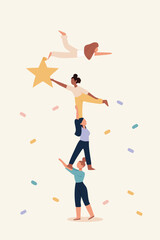 Women teamwork, good collaboration, strong partnership can help create strength to reach goal and target, women colleague do pyramid acrobat to support others to reach star, prize and win competition.