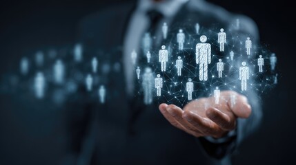 Holding the Network: A skilled business professional extends a hand towards a complex web of digital connections, symbolizing a connected network with human icons.