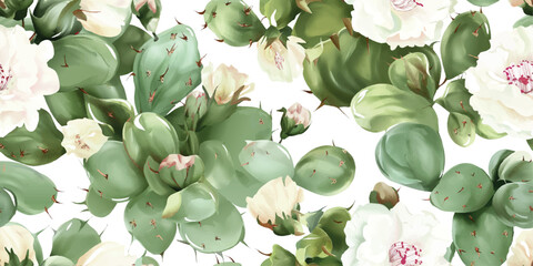 Elegant Watercolor Prickly Pear Cactus Seamless Pattern. Soft Desert Bloom Repeat Background with Clean Botanical Flowers for Decor and Textiles