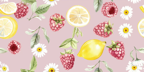 Sweet Pink Lemonade, Raspberries, and Daisies Seamless Pattern. Watercolor Fruit and Floral Repeat Background for Summer Decor and Beverages