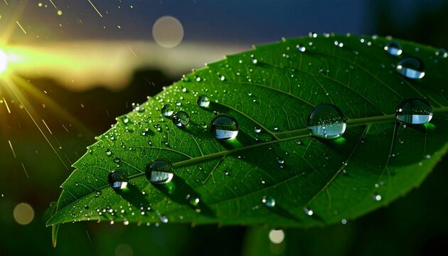 Green leaf water drops nature background fresh dew closeup sunlight environment macro