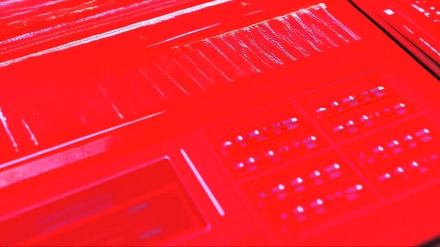 Antarmuka futuristik merah/layar digital/latar belakang abstrak rinci. Berkedip dan beralih indikator komputer pusat perintah, pengolahan data, generative  AI