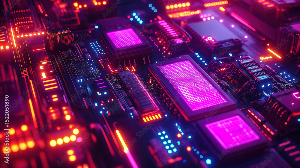 Aufkleber server rack circuit board with glowing leds and intricate components highlighting modern technology