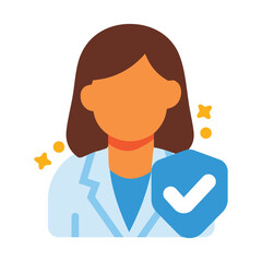 Woman in lab coat holding a check mark shield, symbolizing quality control. Suitable for science, education, research, and healthcare concepts