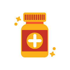 Yellow pill bottle with a red label and a white plus sign suitable for medical or pharmaceutical concepts, healthcare websites, and brochures
