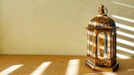 Arabic lantern on the table is highlighted by the morning sunlight. Shadow scene in the room.