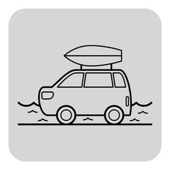 Vehicle equipped with canoe on its roof parked near body of water. Sun shining brightly, reflecting off waters surface, suggesting perfect day for adventure