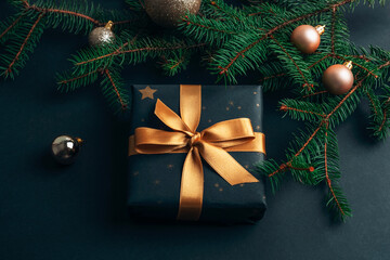 Black gift box, Christmas baubles and fir tree on black background. New Year concept. Top view, flat lay