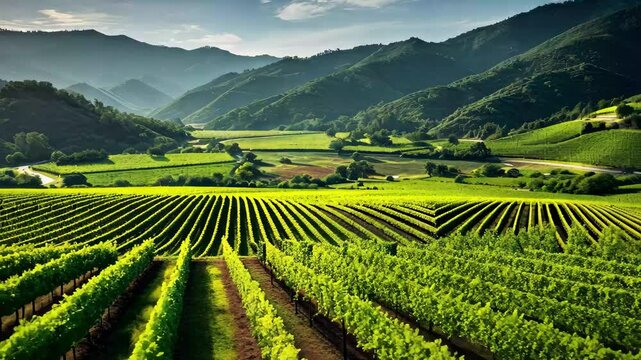 Rolling vineyards stretch across Napa Valley under a warm sun, showcasing lush greenery and mountainous landscapes in a serene, picturesque setting during a peaceful afternoon