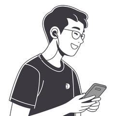 Smiling person using phone with earbuds