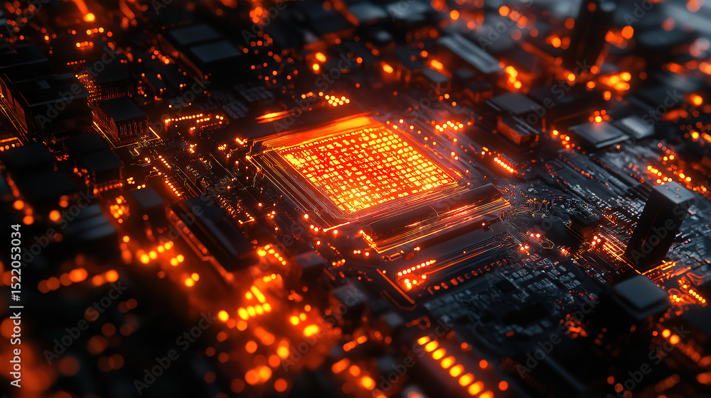 Poster advanced manufacturing processes in tech industry showcased by microchip and holographic data