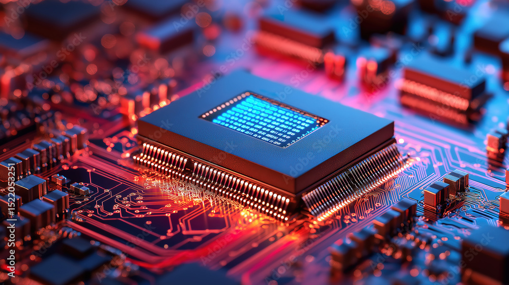 Poster technological innovation in electronic devices shown through microchip and circuit network lighting 