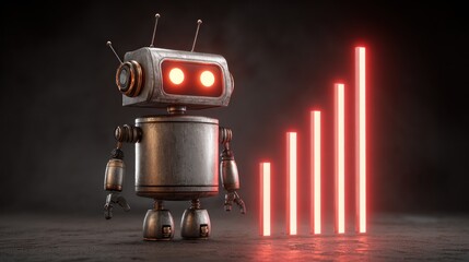 Brushed metal robot showcasing glowing vertical bar chart in neon red theme