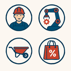 Four Flat Icons Representing Work Tools, Shopping, and Industrial Concepts