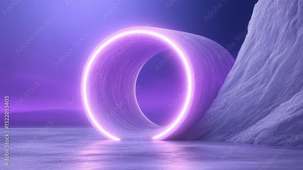 Leinwandbilder Neon Illuminated Portal: An artistic rendering showcasing a glowing neon circle tunnel emerging from a textured landscape, perfect for adding a touch of futuristic flair to your creative projects.