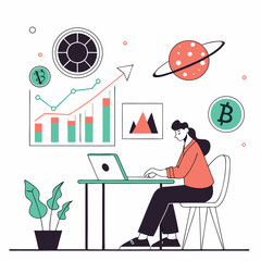 Woman working on laptop surrounded by charts graphs and financial symbols