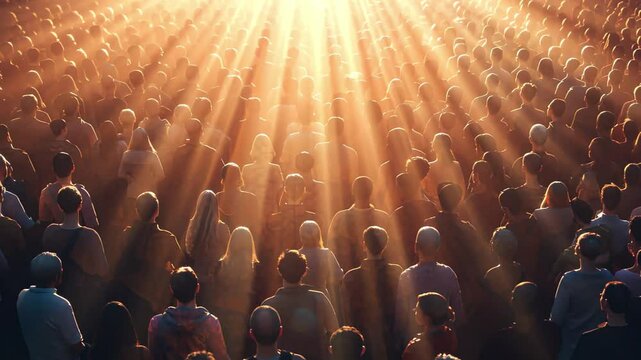 People gathering under illuminated rays, showcasing a leadership concept as they engage in collective dialogue and inspiration at a significant event