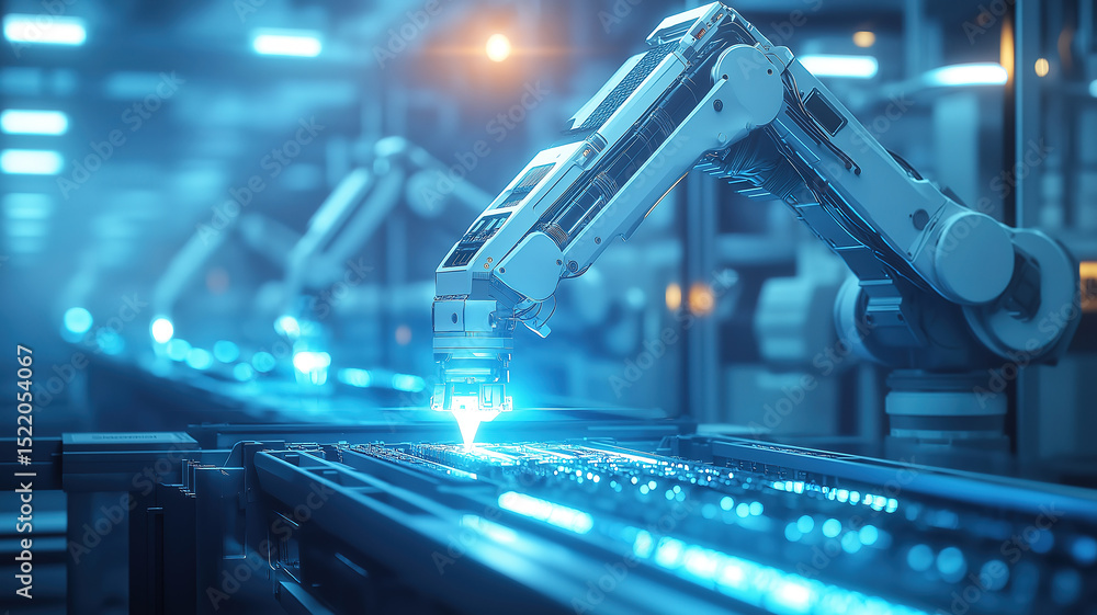 Poster automated production line in advanced factory with robotic arms welding and assembling products