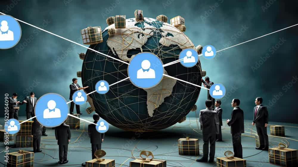 Poster global business network represented by professionals interacting around a globe with connected goods