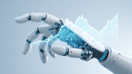Compact robot hand presenting futuristic trend analysis graph in bright blue