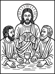Emmaus - Vector illustration of Jesus Christ and disciples at Emmaus - Black and white drawing of Jesus at Emmaus