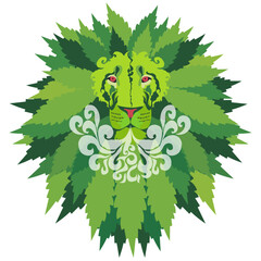 Stylized green lion with cannabis leaf mane, ornamental vector illustration.